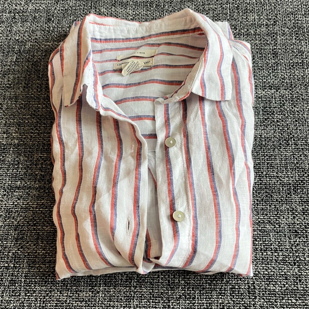 Christian Siriano 100% Linen Button Up Striped Collared Polo Tee - Picture 5 of 6